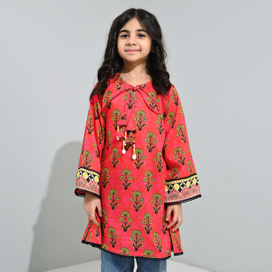 Girls poly cambric Printed Kurti Laali-Red