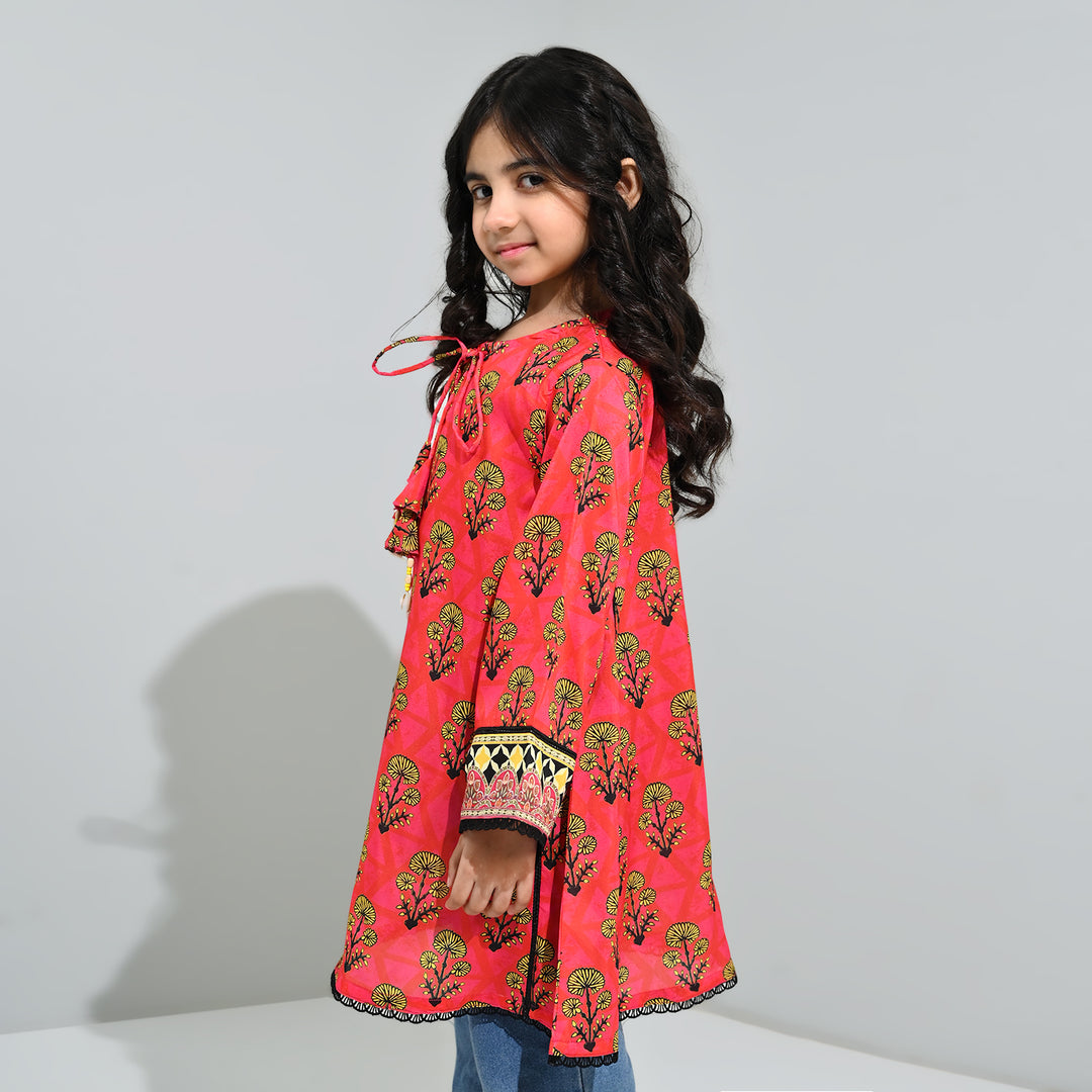 Girls poly cambric Printed Kurti Laali-Red