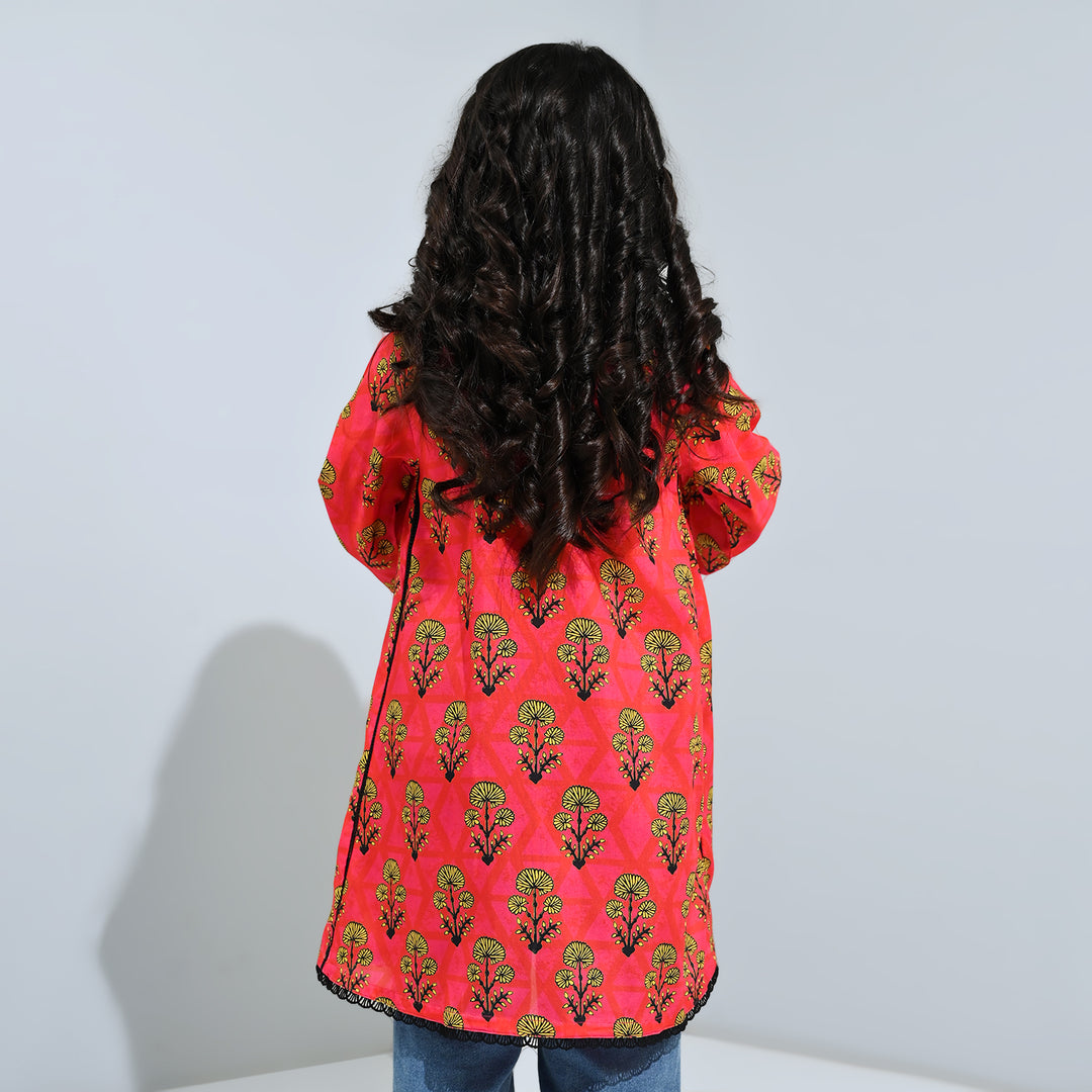 Girls poly cambric Printed Kurti Laali-Red
