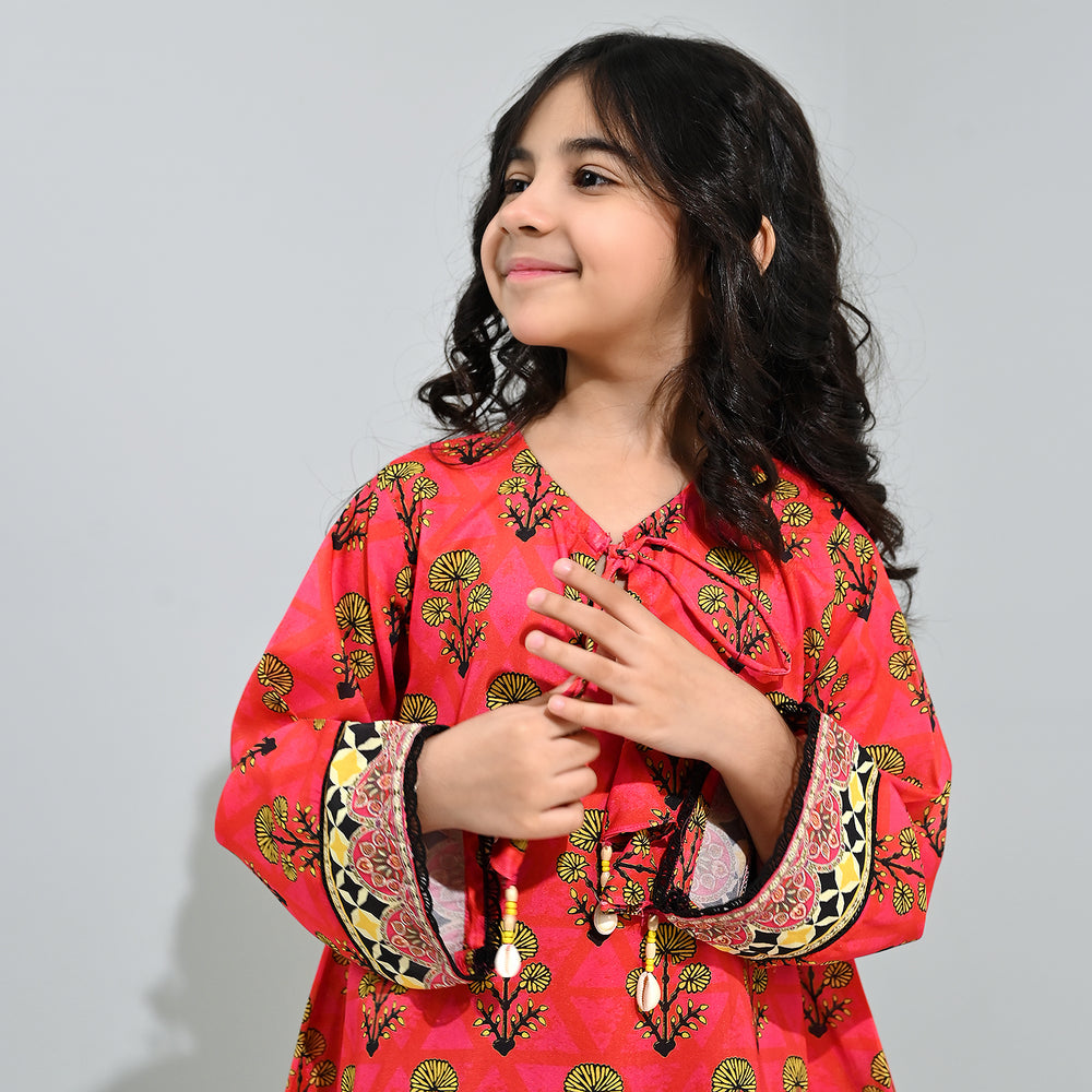 Girls poly cambric Printed Kurti Laali-Red