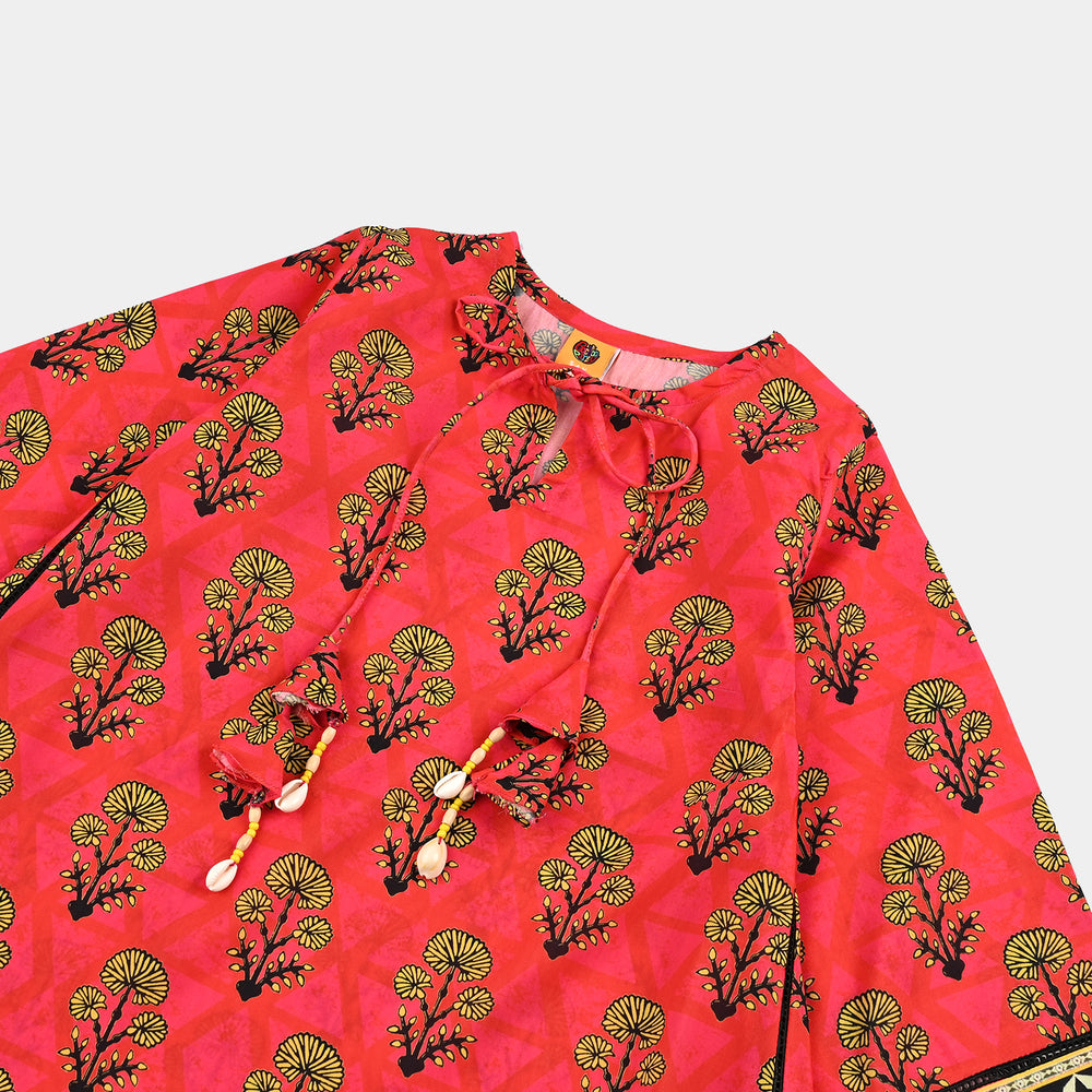 Girls poly cambric Printed Kurti - Red