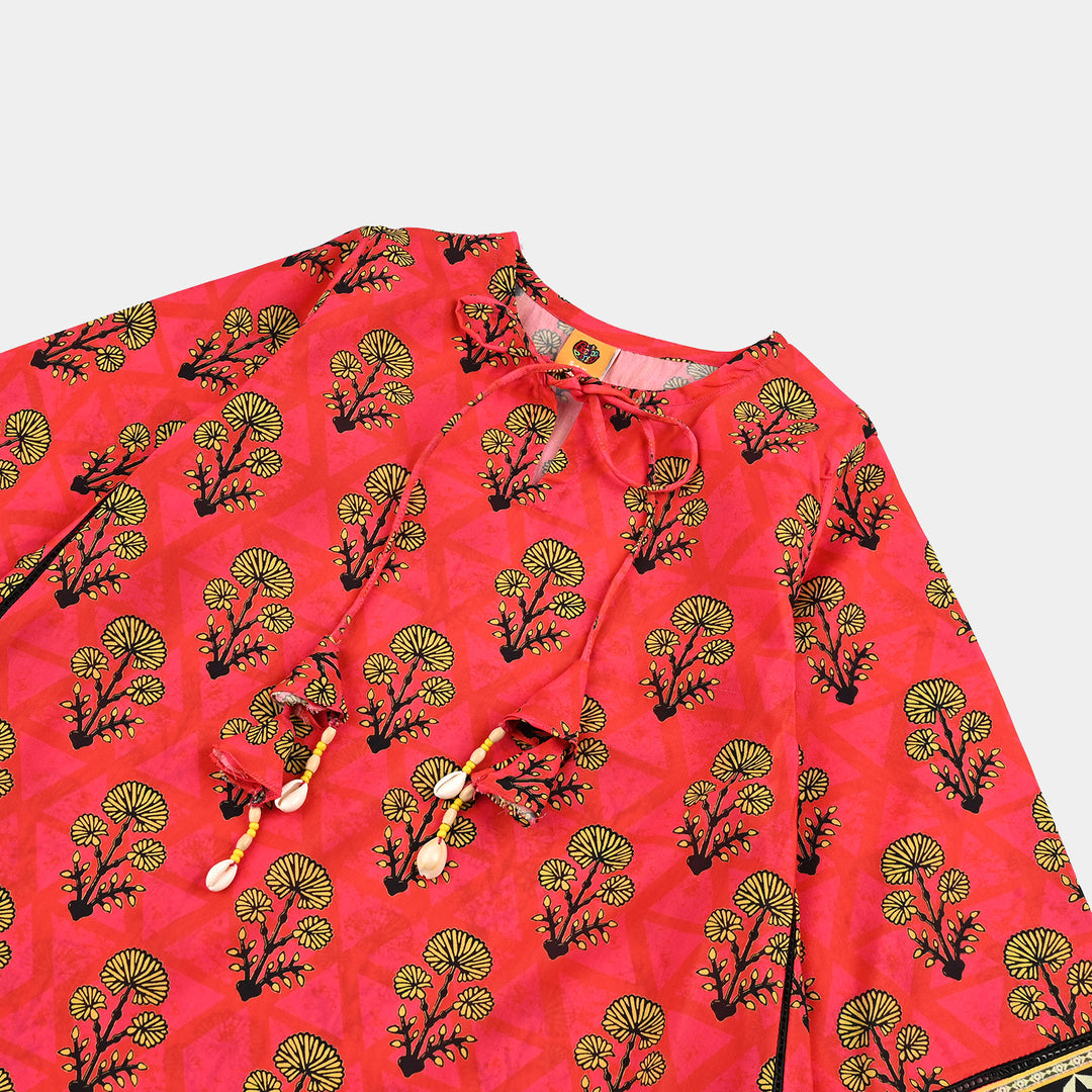 Girls poly cambric Printed Kurti - Red