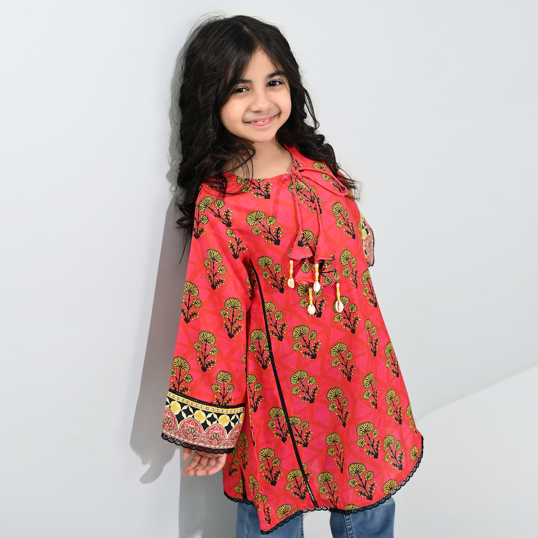 Girls poly cambric Printed Kurti Laali-Red