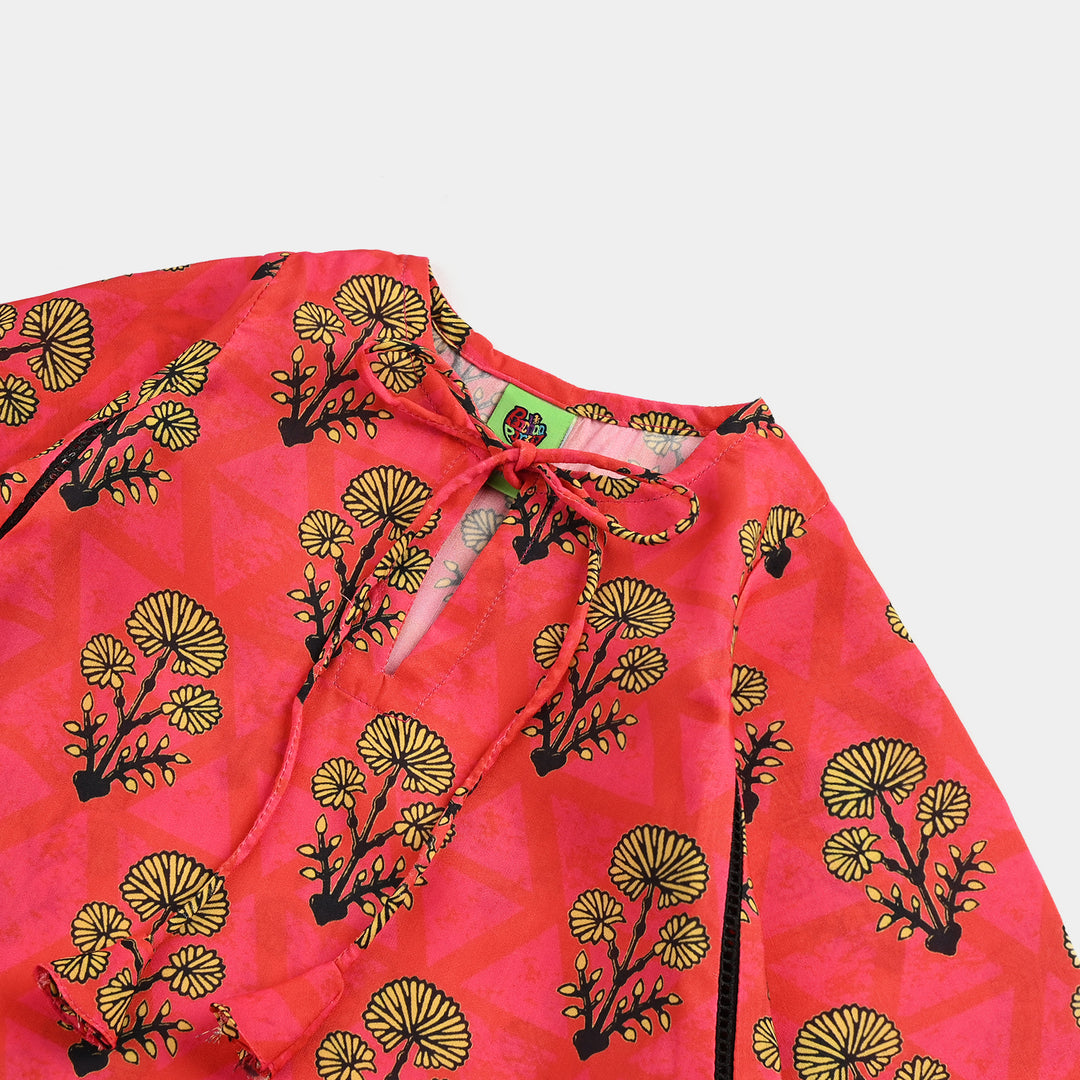 Infant Girls poly cambric Printed Kurti Laali-Red