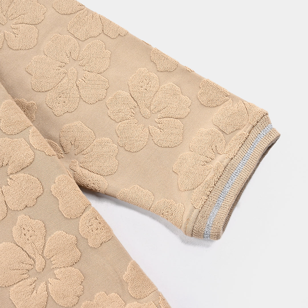 Girls Jacquard T-Shirt F/S KHAKI FLOWER FABRIC - BROWN