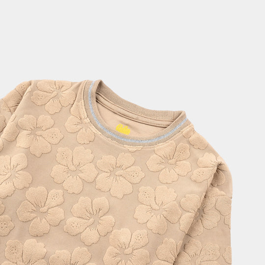 Girls Jacquard T-Shirt F/S KHAKI FLOWER FABRIC - BROWN