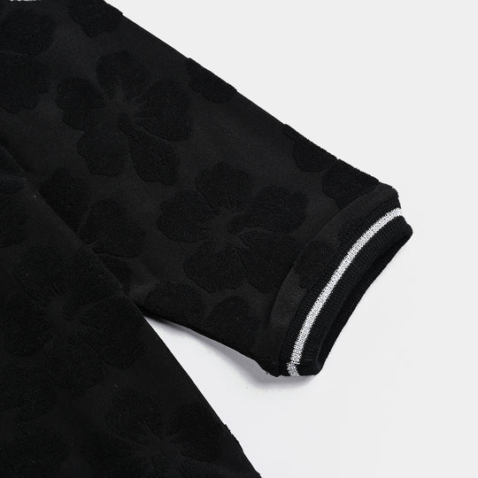 Girls Jacquard T-Shirt F/S BLACK FLOWER FABRIC - BLACK