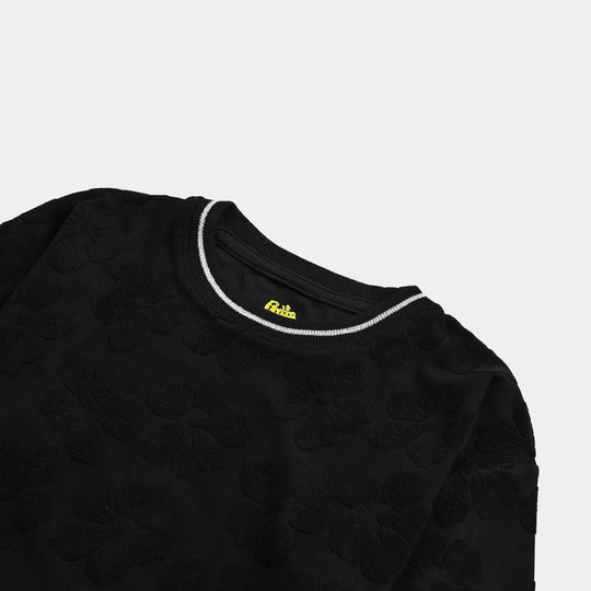 Girls Jacquard T-Shirt F/S BLACK FLOWER FABRIC - BLACK