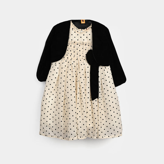 Girls Net Fancy Frock-Polka Dot-OFF-White