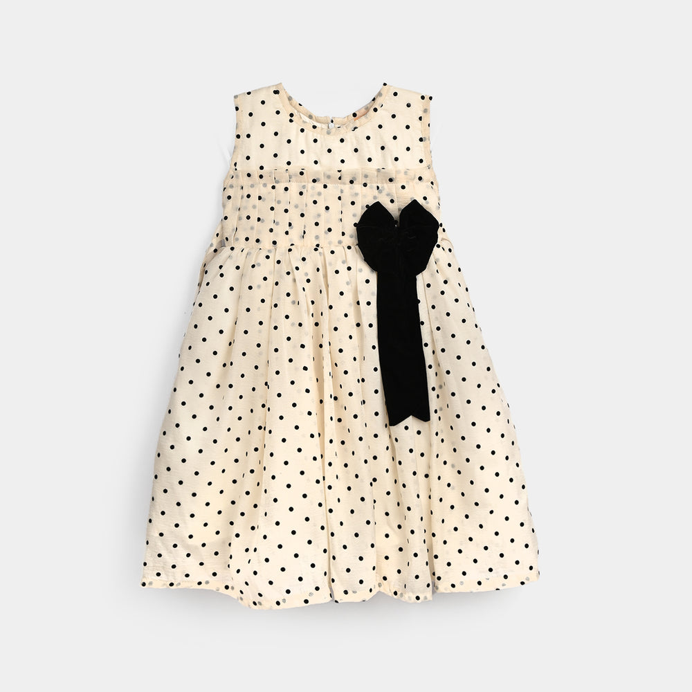 Girls Net Fancy Frock-Polka Dot-OFF-White