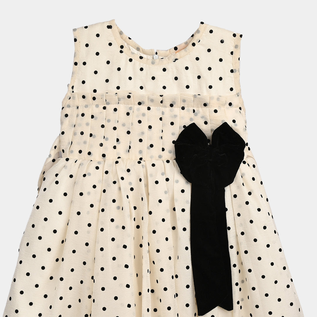 Girls Net Fancy Frock-Polka Dot-OFF-White