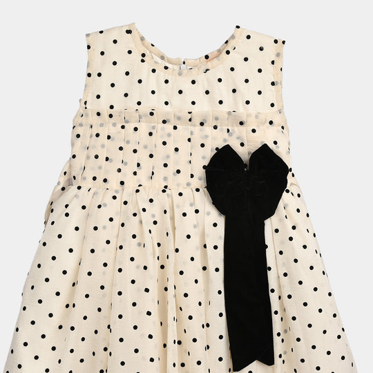 Girls Net Fancy Frock-Polka Dot-OFF-White