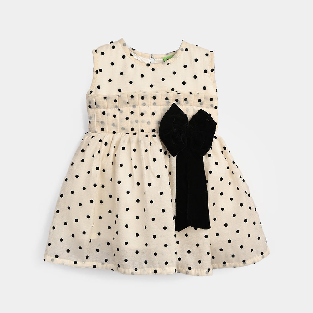 Infant Girls Net Fancy Frock-Polka Dot-OFF-White
