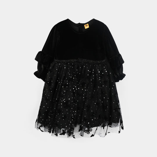 Girls Velvet Fancy Frock-Butterfly-BLACK