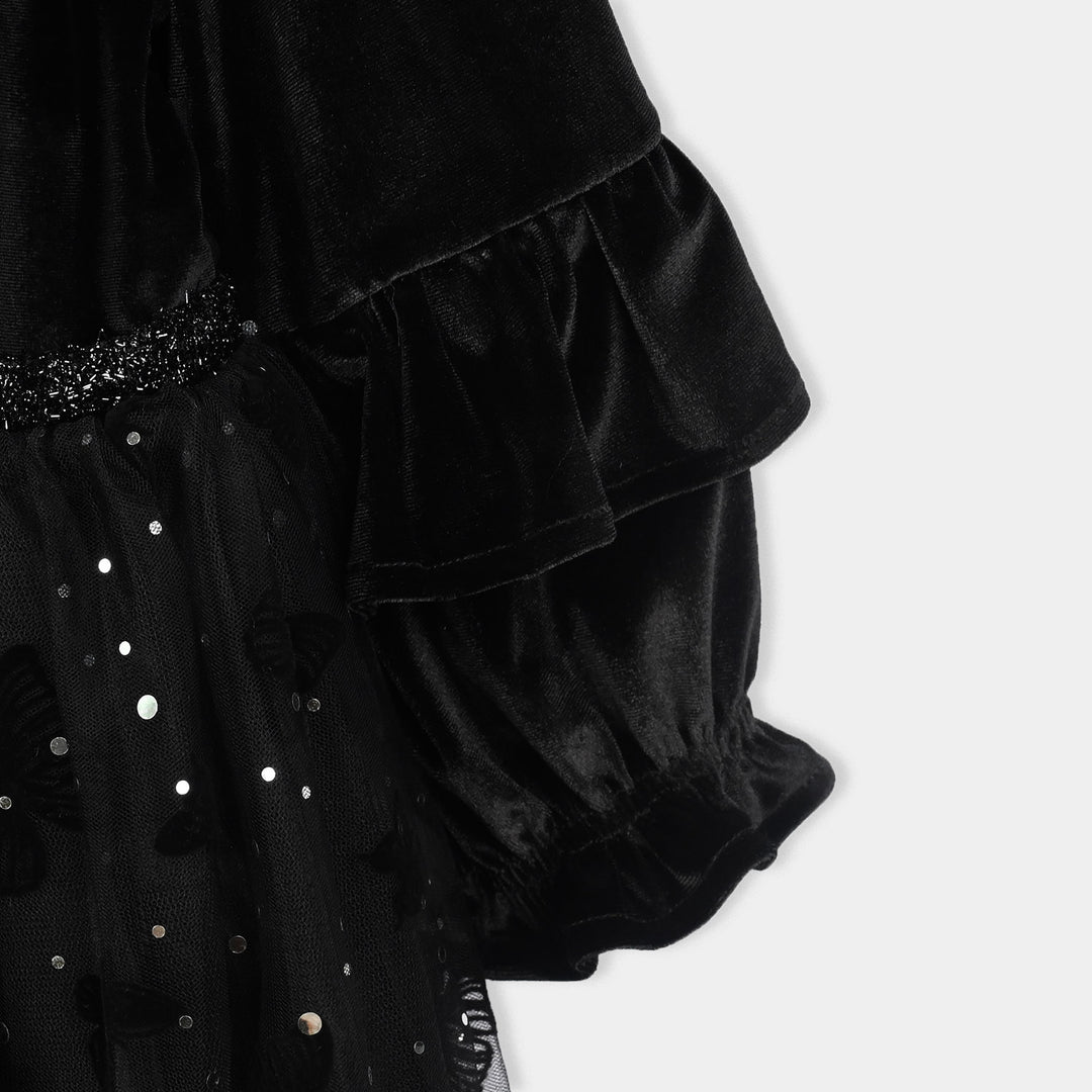 Girls Velvet Fancy Frock-Butterfly-BLACK