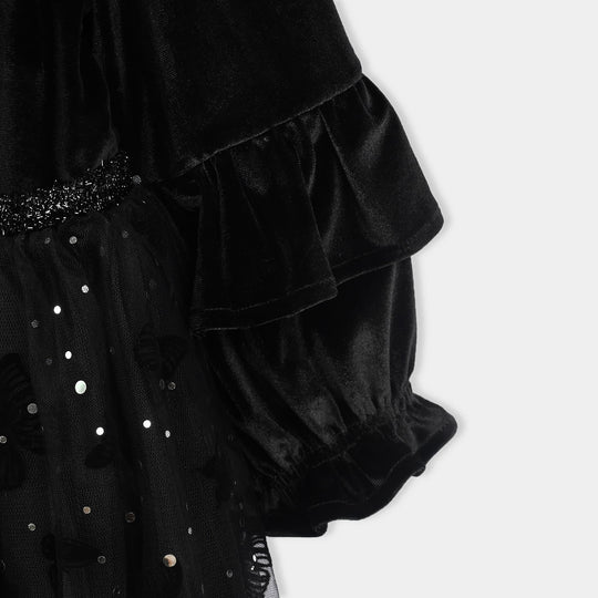 Girls Velvet Fancy Frock-Butterfly-BLACK