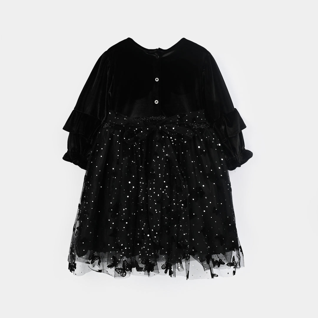 Girls Velvet Fancy Frock-Butterfly-BLACK
