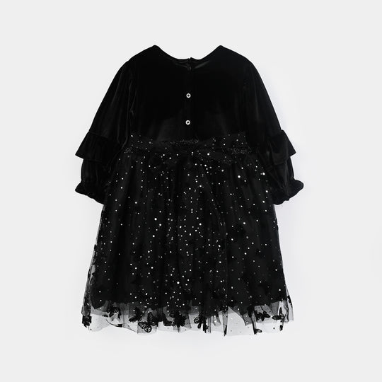 Girls Velvet Fancy Frock-Butterfly-BLACK