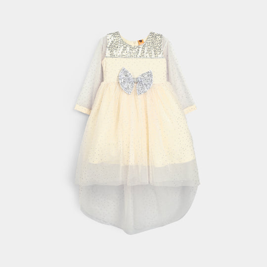 Girls Organza Fancy Frock-Shimmer Polka-OFF-White