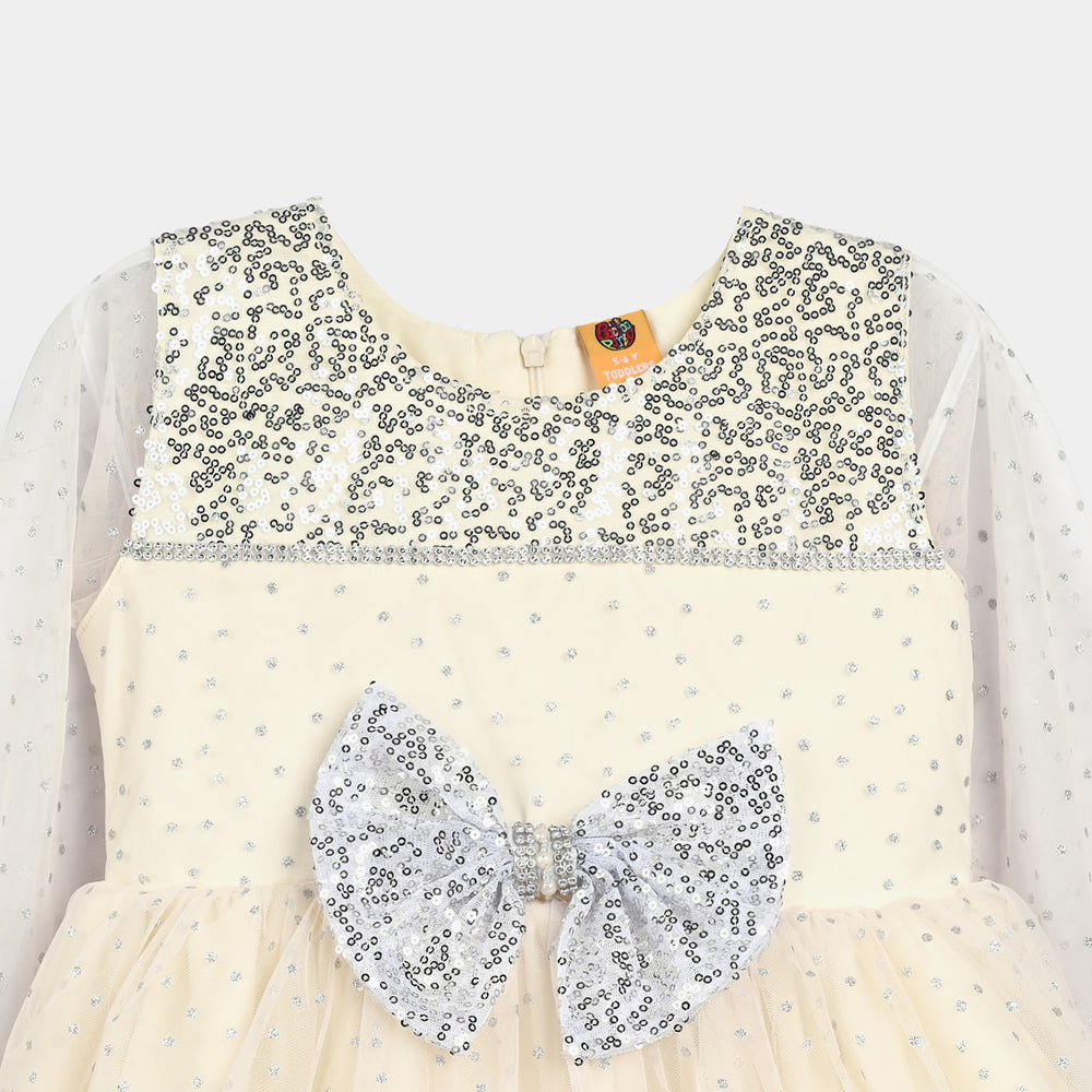 Girls Organza Fancy Frock-Shimmer Polka-OFF-White