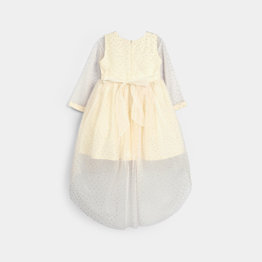 Girls Organza Fancy Frock-Shimmer Polka-OFF-White
