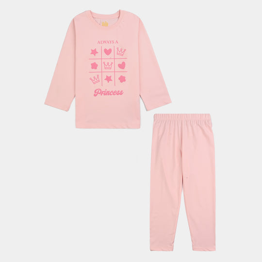 Girls Poly Cotton Jersey Night Suit ALWAYS A PRINCESS-Pink