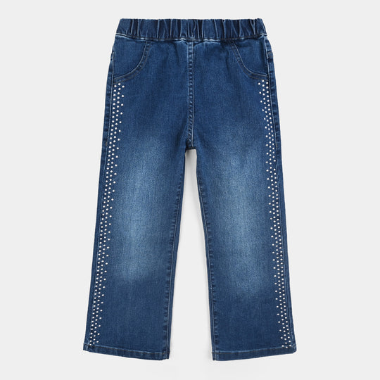 Girls Denim Stretch Jeggings Side Studs-Mid Blue
