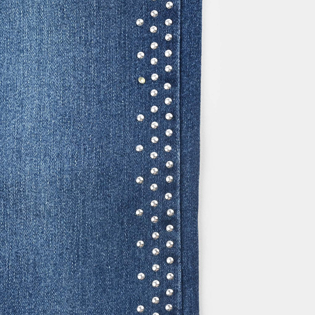 Girls Denim Stretch Jeggings Side Studs-Mid Blue
