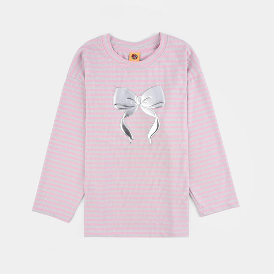 Girls Rib T-Shirt F/S SILVER BOW-Pink/Grey