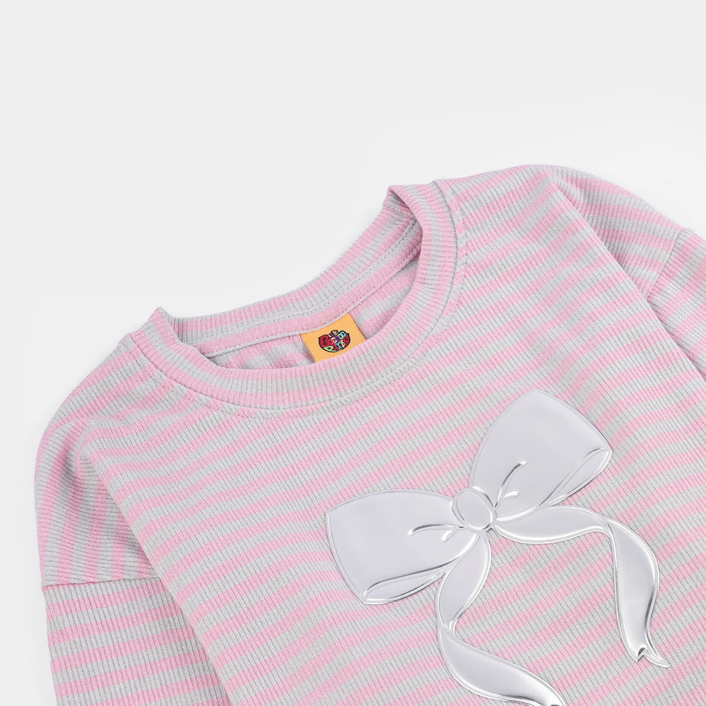 Girls Rib T-Shirt F/S SILVER BOW-Pink/Grey