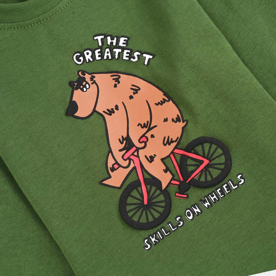 Infant Boys Jersey/Terry T-Shirt F/S SKILLS ON WHEEL BEAR-Olive Green