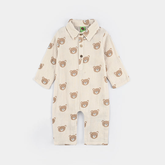 Infant Boys Cotton Woven Romper-Brown Bear - OFF-White