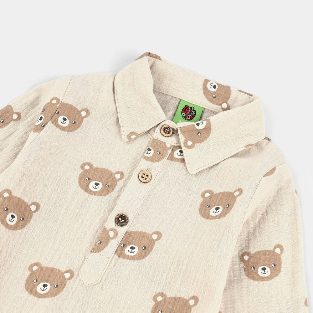 Infant Boys Cotton Woven Romper-Brown Bear - OFF-White
