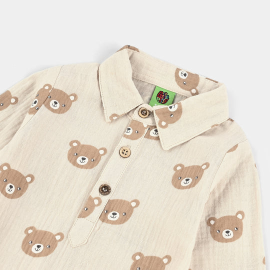 Infant Boys Cotton Woven Romper-Brown Bear - OFF-White