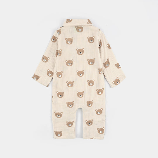 Infant Boys Cotton Woven Romper-Brown Bear - OFF-White