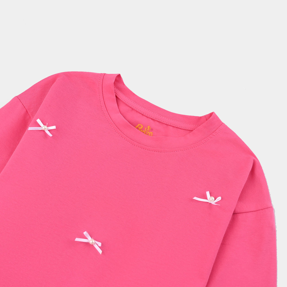 Girls Jacquard Jersey T-Shirt F/S BOWS-PINK