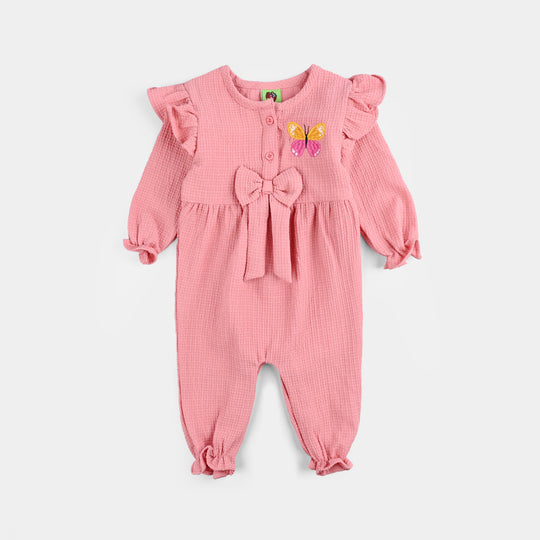 Infant Girls Seersucker Woven Romper-Fashion Bow-Pink