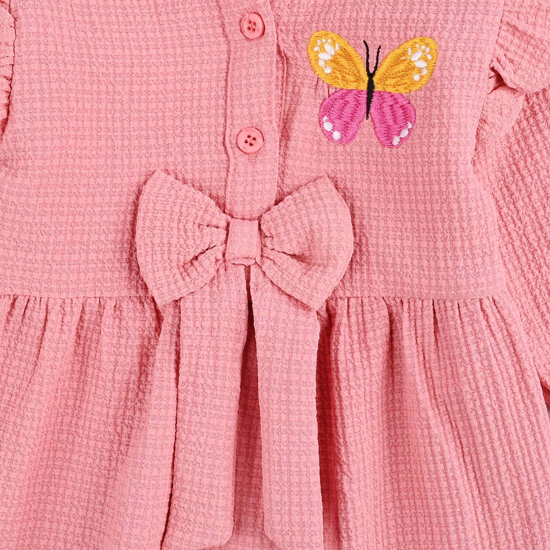 Infant Girls Seersucker Woven Romper-Fashion Bow-Pink