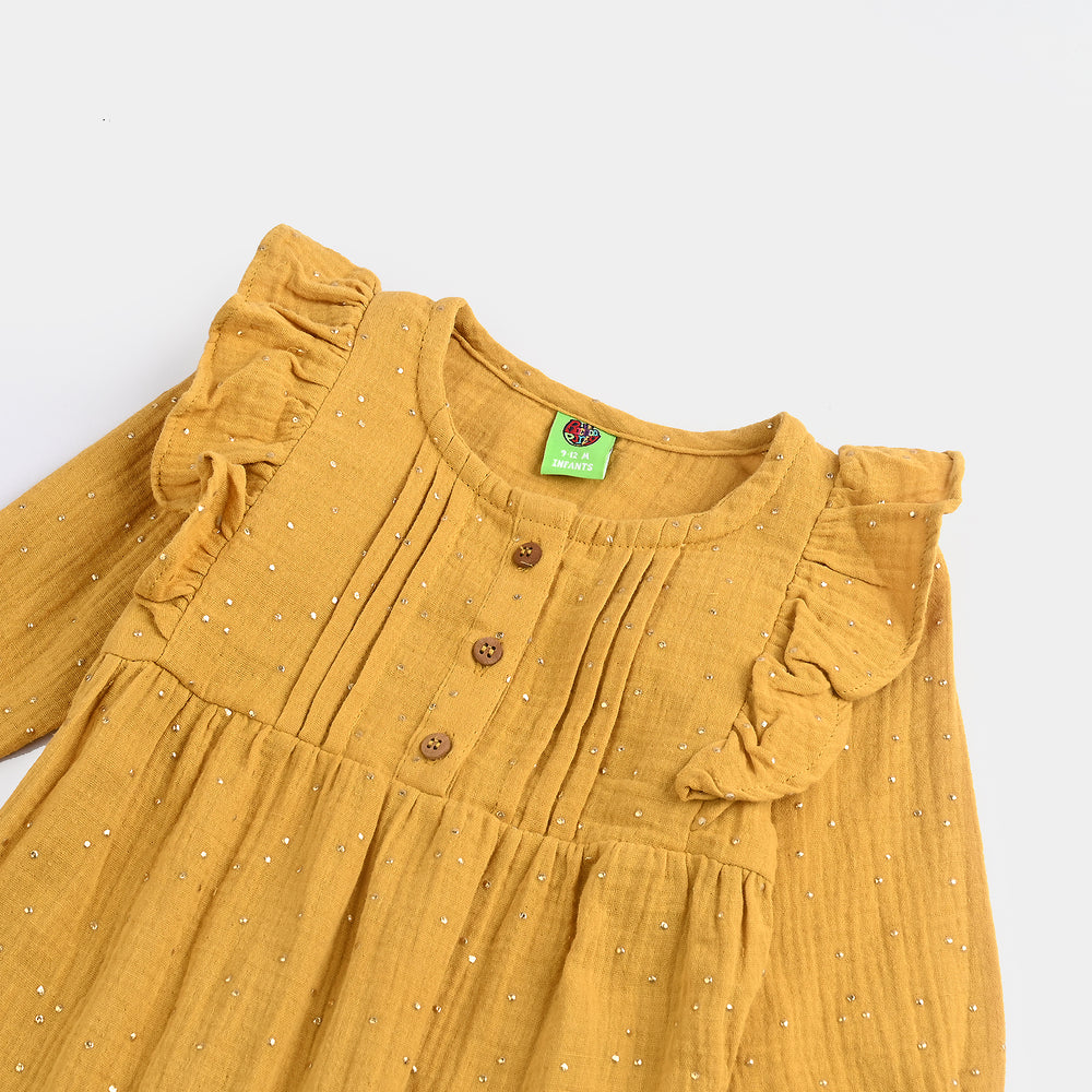 Infant Girls Cotton Woven Romper-Mini Sparkle-Mustard