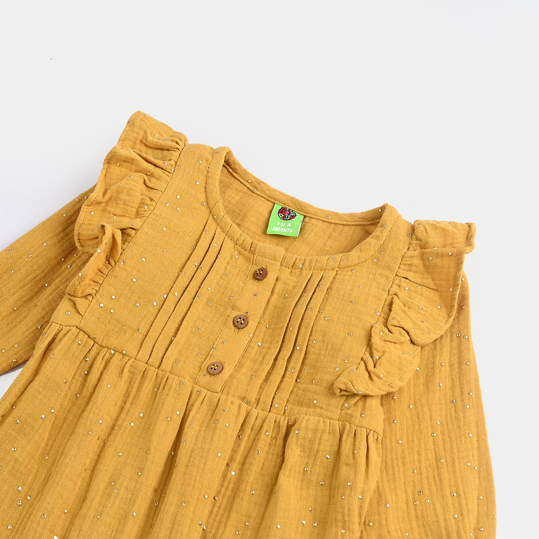 Infant Girls Cotton Woven Romper-Mini Sparkle-Mustard