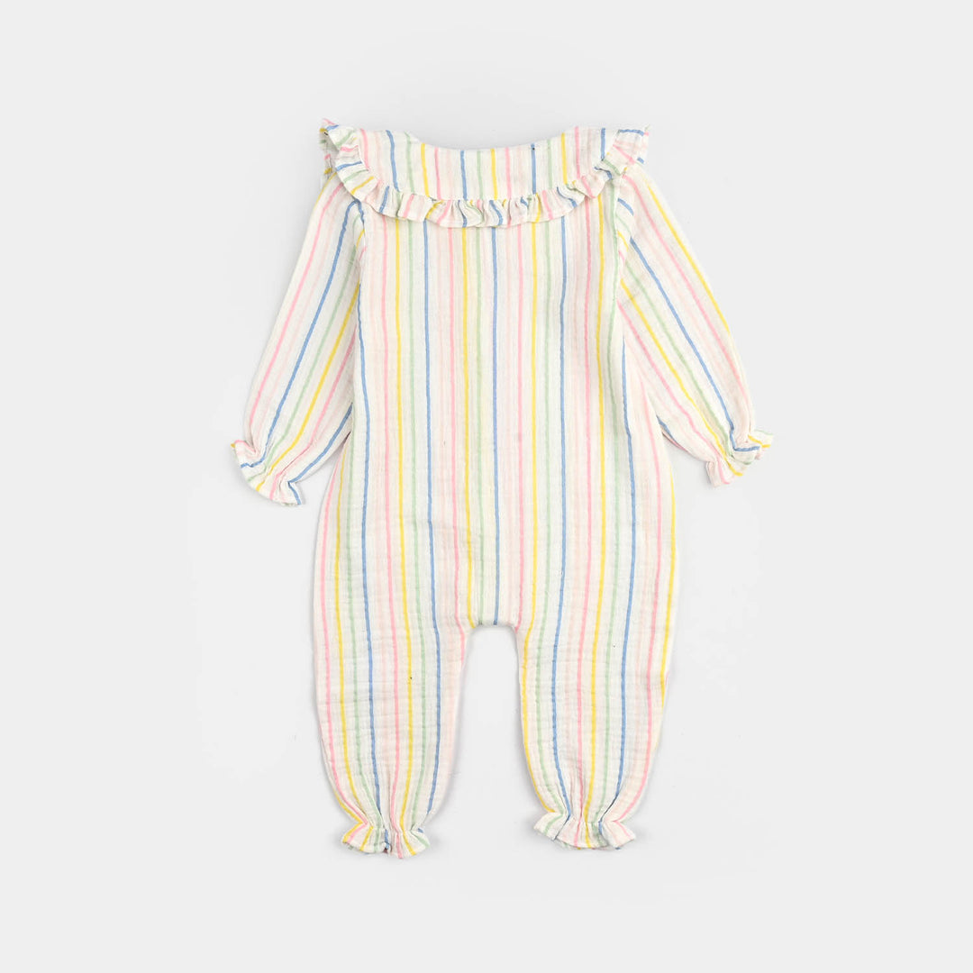 Infant Girls Cotton Woven Romper-Multi Stripe - WHITE