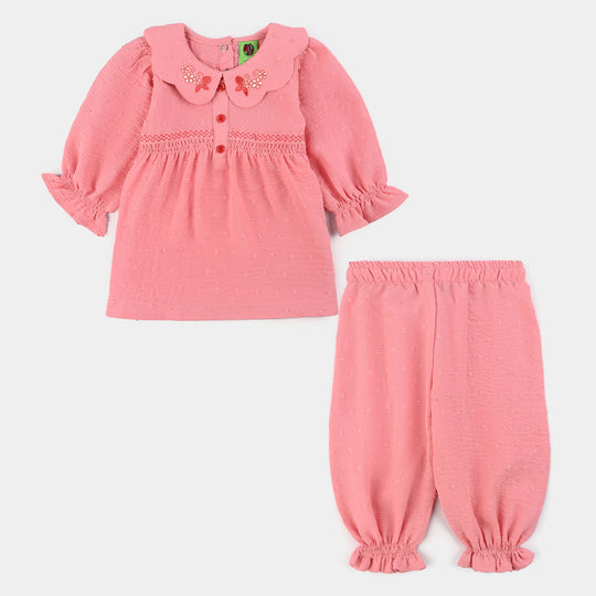 Infant Girls Cotton Jacquard 2 Pc Suit-Pink Dusk-Light Pink