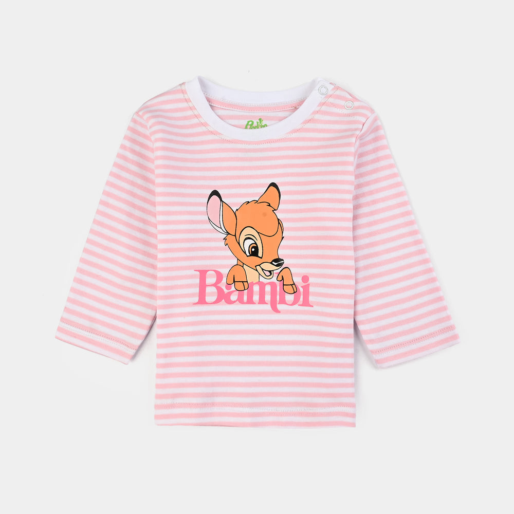 Infant Girls Cotton Interlock Dangri + Tee F/S Bambi-White/Pink Stripes