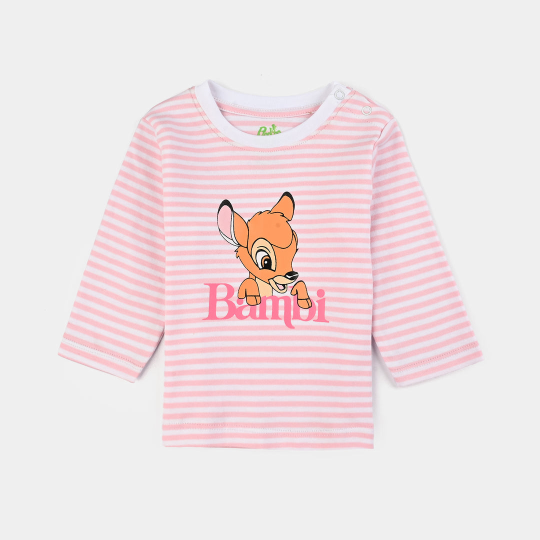 Infant Girls Cotton Interlock Dangri + Tee F/S Bambi-White/Pink Stripes