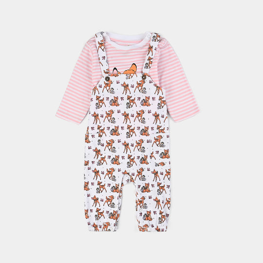 Infant Girls Cotton Interlock Dangri + Tee F/S Bambi-White/Pink Stripes