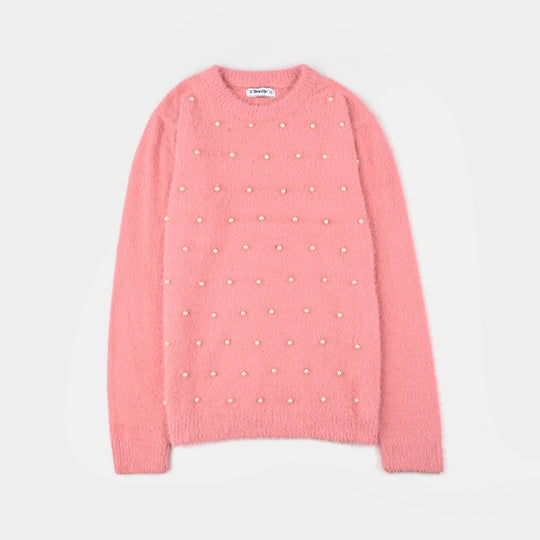 Teens Girls Acrylic Sweater Pearls-Pink