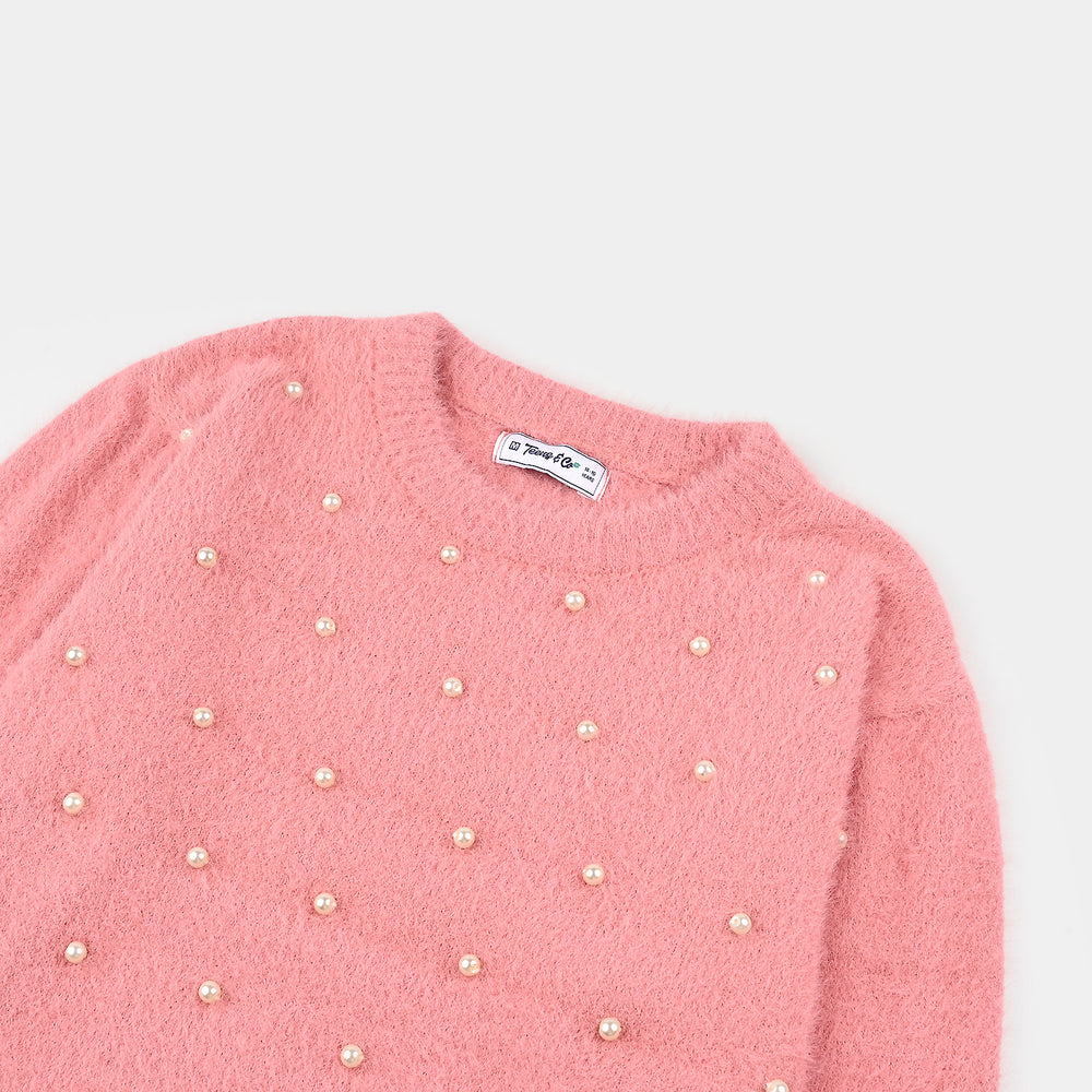 Teens Girls Acrylic Sweater Pearls-Pink