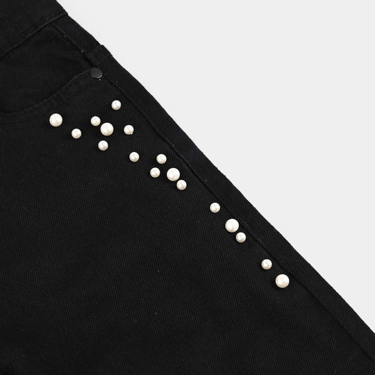 Girls Denim Stretch Pant Black Pearls-BLACK