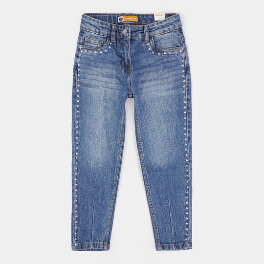 Girls Denim Stretch Pant Side Seams Studs-Mid Blue