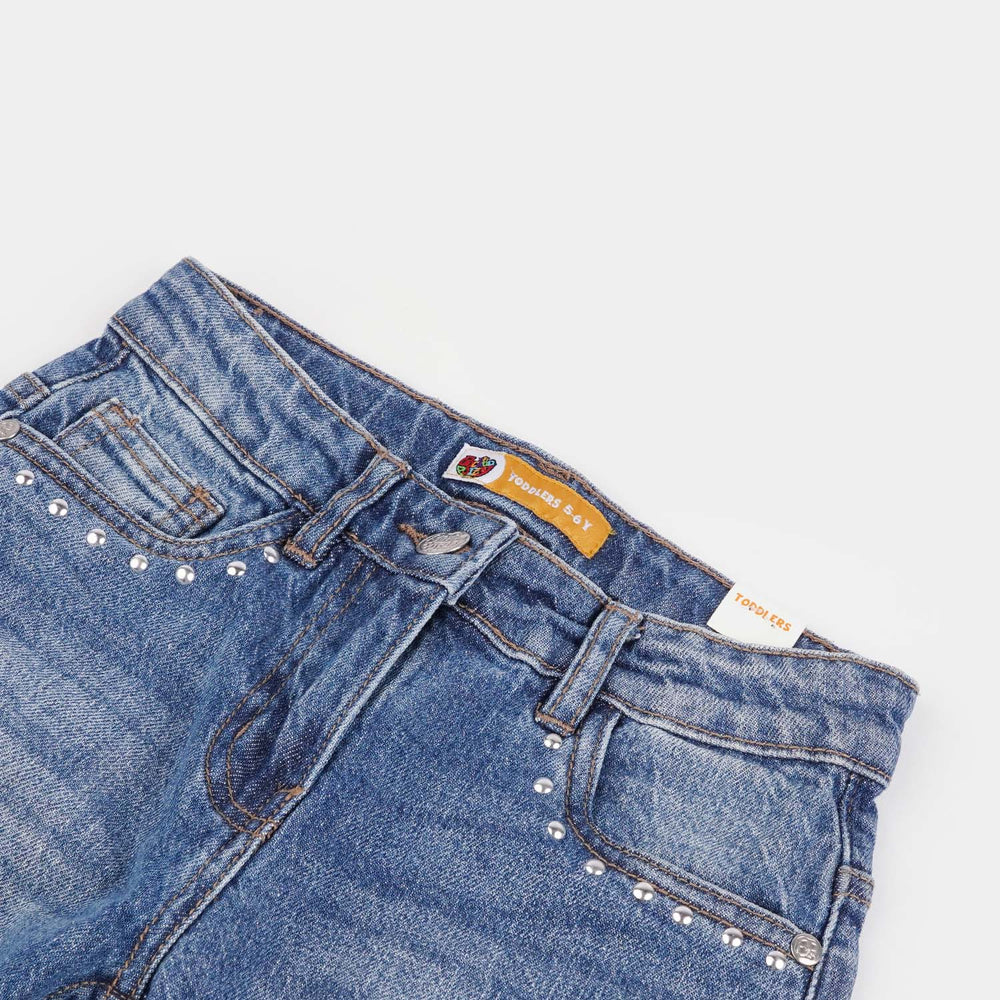 Girls Denim Stretch Pant Side Seams Studs-Mid Blue